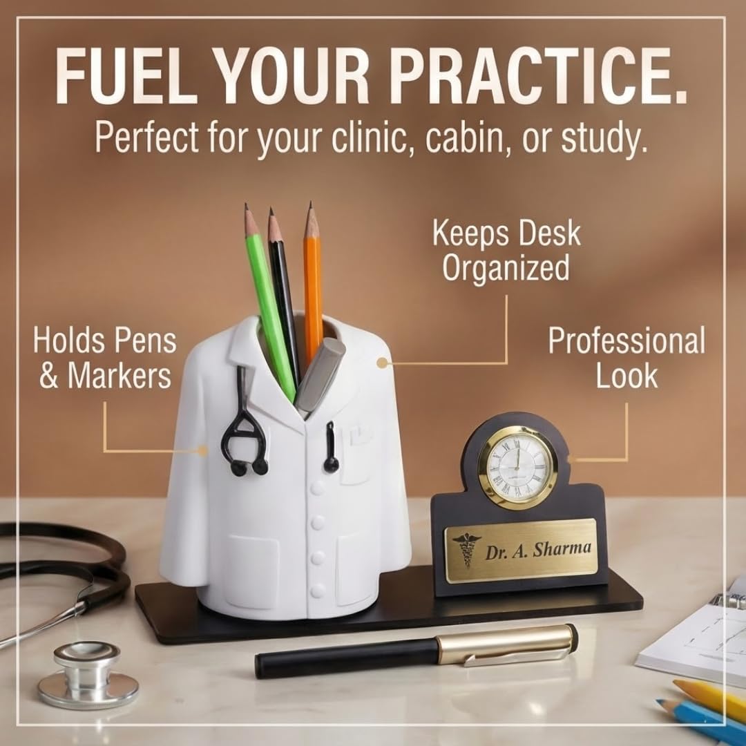 doctor pen stand with name and clock | perfect doctor gift for men and women | Customized Desk Organizer for Doctors and Medical Aspirants with Apron/Coat Shape Pencil Holder