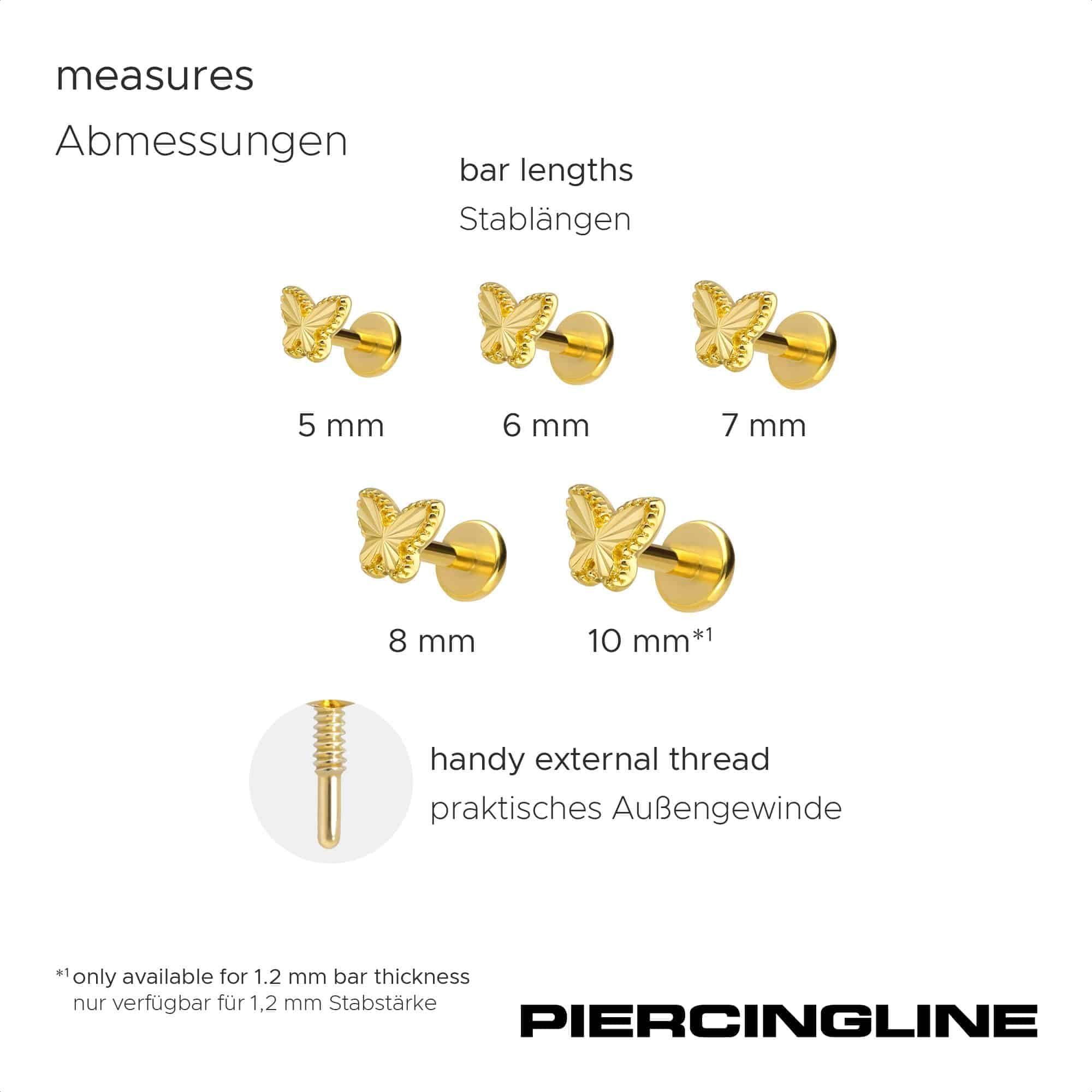PIERCINGLINE Piercing Stecker Titan Labret mit Innengewinde + 925er Silber Aufsatz SCHMETTERLING - Goldfarben, Silberfarben