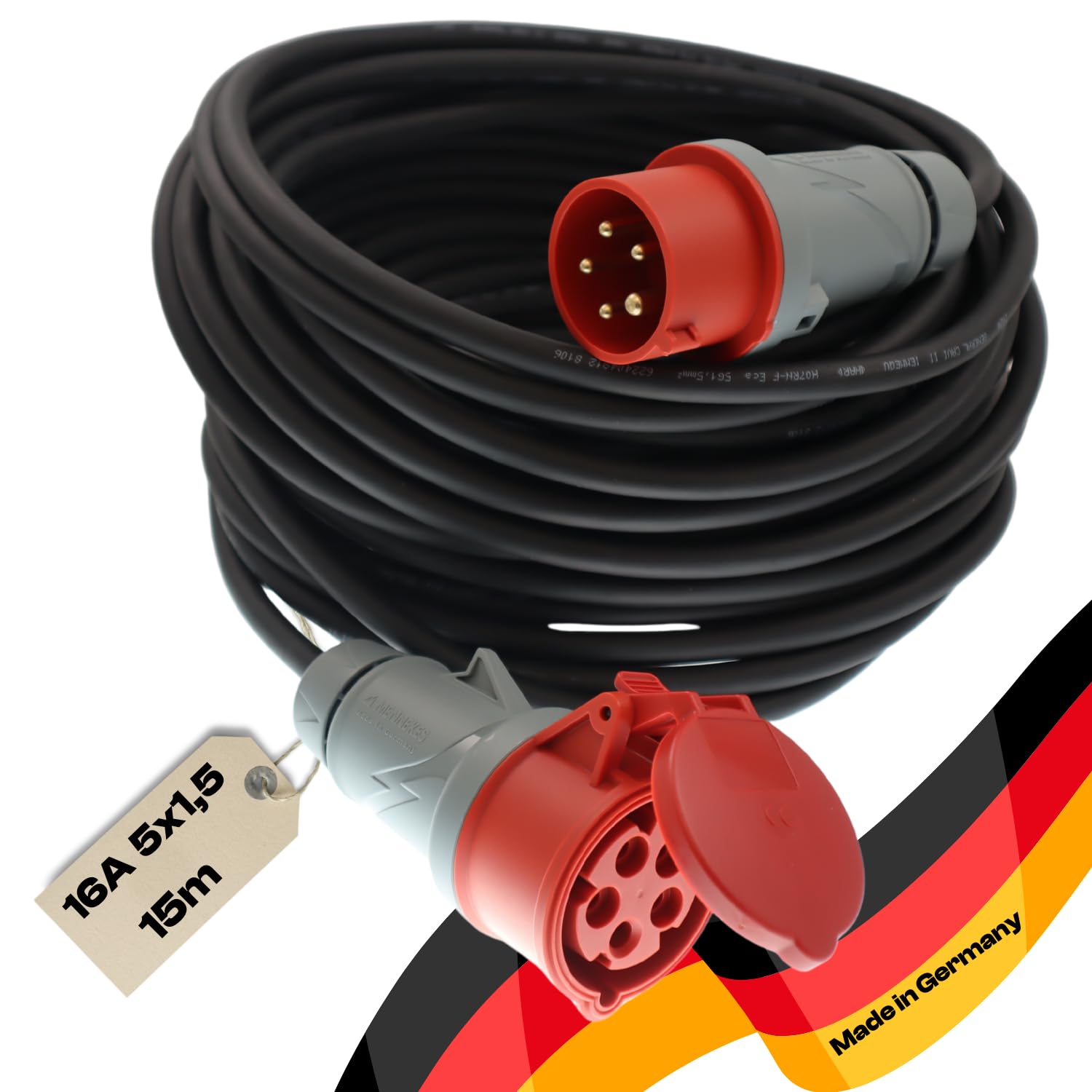 maxgo CEE Verlängerungskabel Starkstromkabel H07RN-F 5x1,5mm² 16A 400V Flexibles wetterfestes Industriekabel MENNEKES 5P Gummiverlängerung 15m