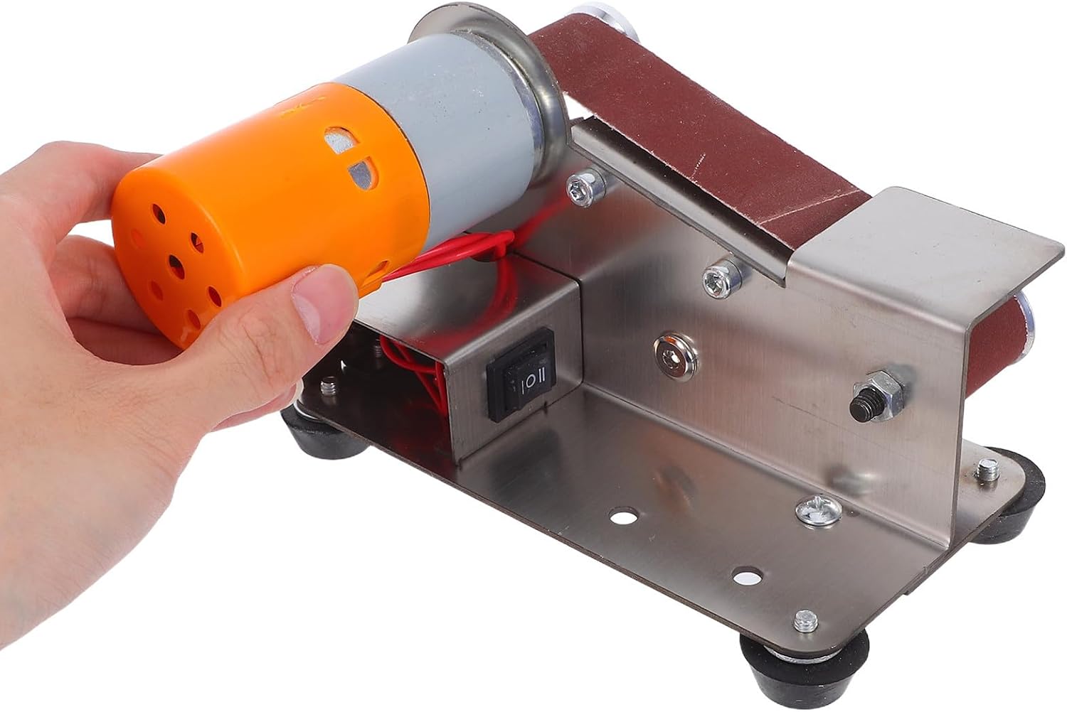 Uonlytech Mini Bidirectional Portable Sander Belt Machine and Grinder Electric in Iron Emery Frame Sanding for Small Finishing Jewelry Parts Daily Workshop Use