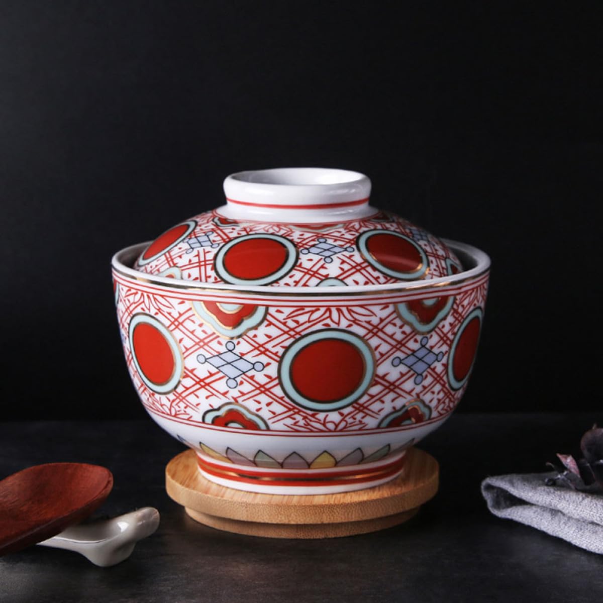 TOYANDONA Tazón de Cerámica para Sopa Japonesa con Tapa Roja, Cuenco de Cocina para Mantener Alimentos Calientes, Adecuado para Uso Doméstico y Sopas Miso o Almejas