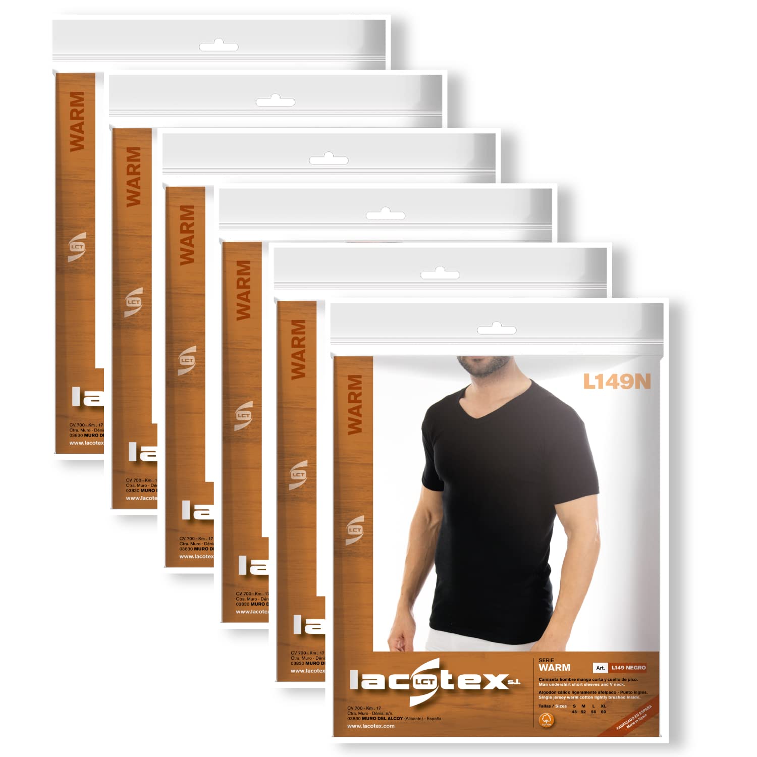 Pack Ahorro de 6 Unidades. Camiseta Interior cálida de Hombre L149, Manga Corta y Cuello de Pico.