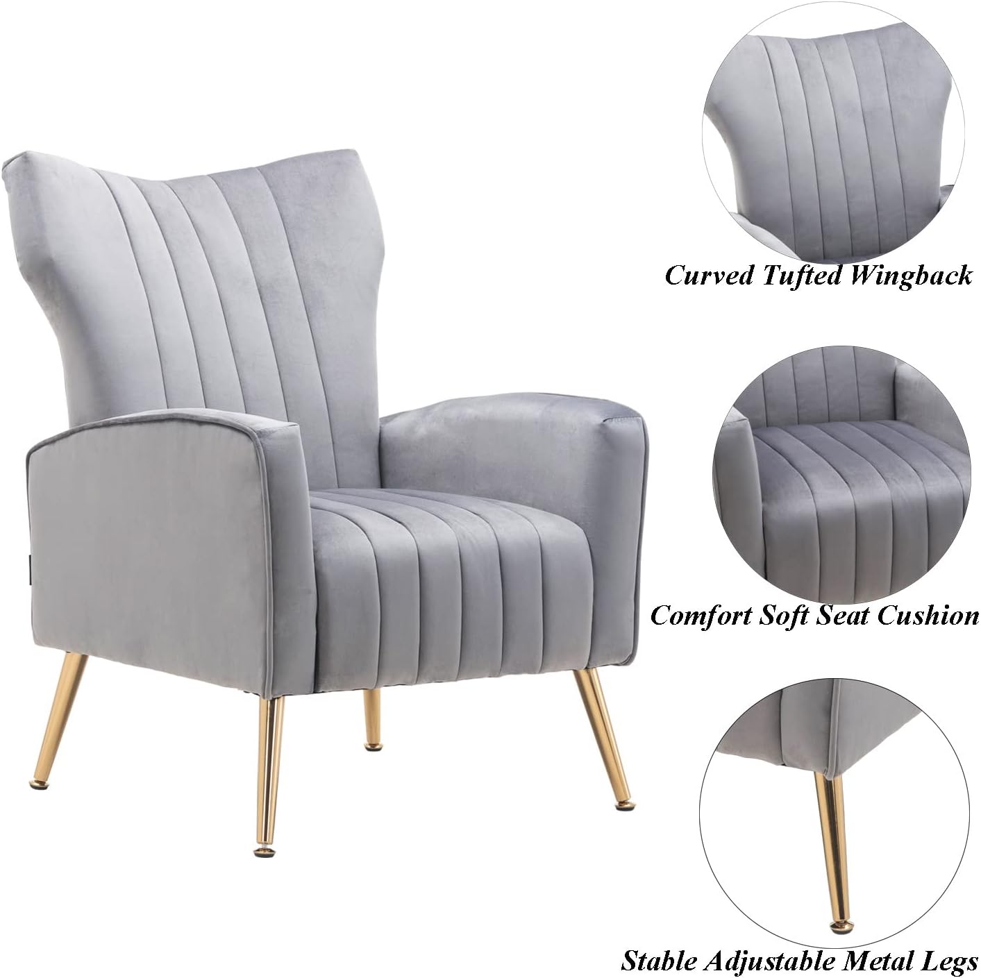 Velvet Accent Chair Modern Wingback Comfy Chair Tufted Reading Armchair with Gold Legs for Living Room/Bedroom, Grey