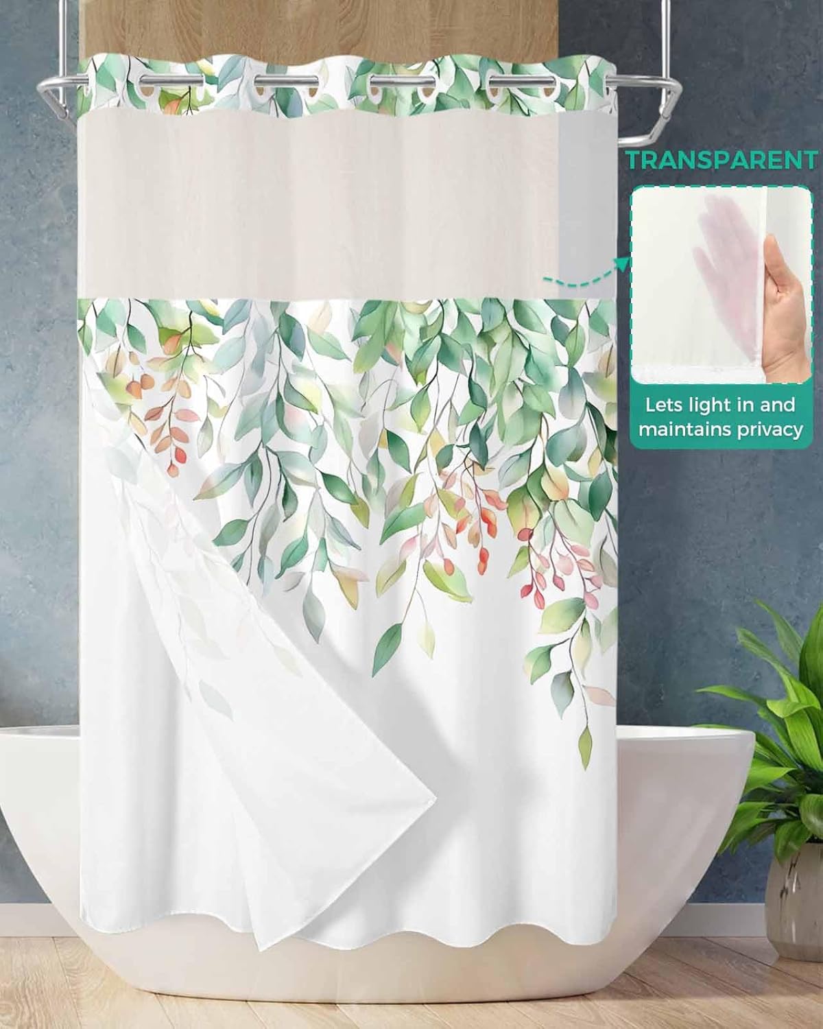 Eucalyptus Leaves Shower Curtain with Snap Liner Sage Green Leaf Spring Summer Leaf Plant No Hooks Bath Curtain with See Through Top Window for Bathroom Hotel Spa, 36"x72"
