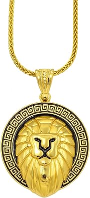 GIFTS INFINITY Lion Head Pendant Necklace Mens Greek Key Medallion Chain Bold Statement Jewelry Hip Hop Fashion Accessory
