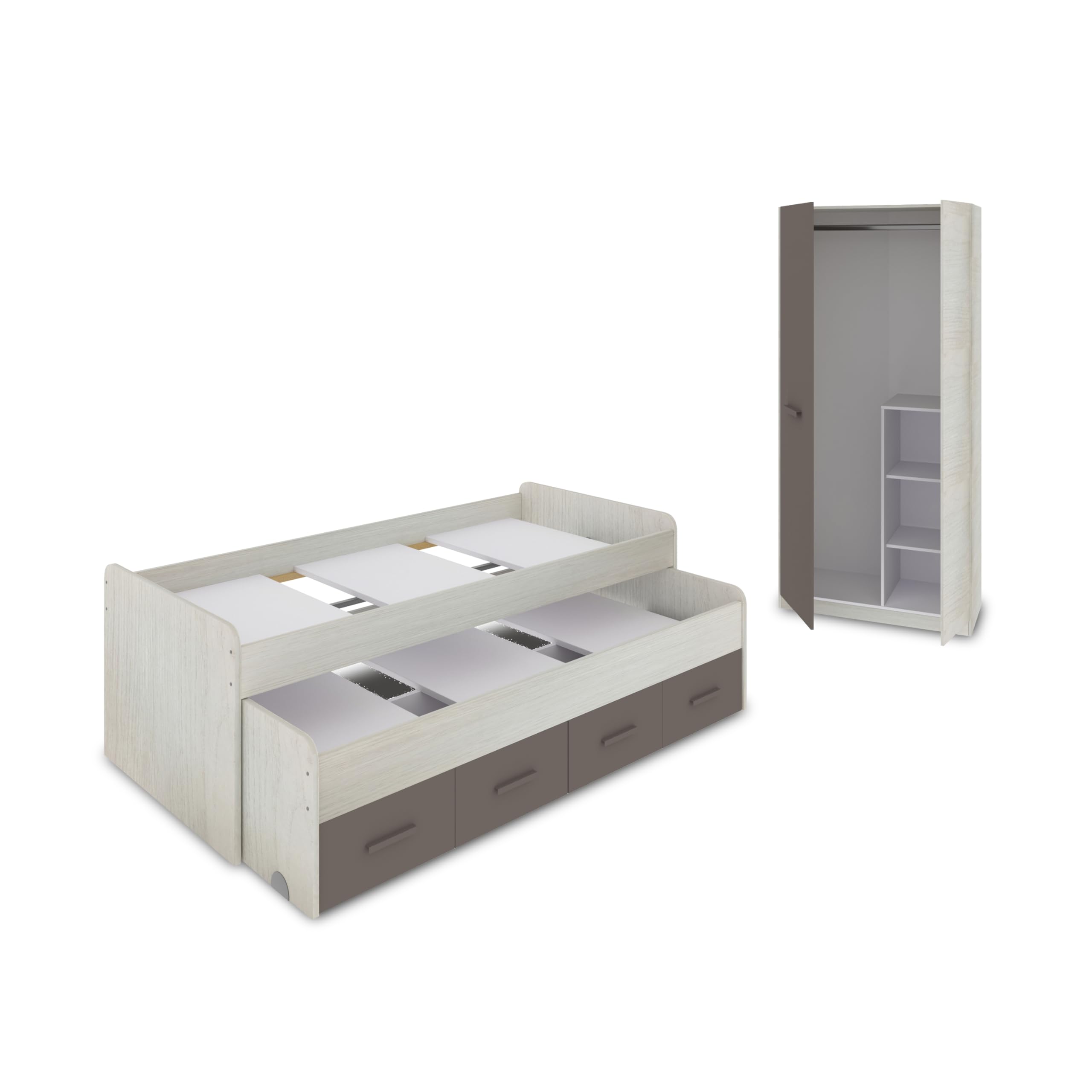 duehome | Pack de Dormitorio Juvenial con Cama Nido Juvenil y Armario, Conjunto de Dormitorio Infantil, Modelo Axim Plus, Acabado en Blanco Alpes y Basalto