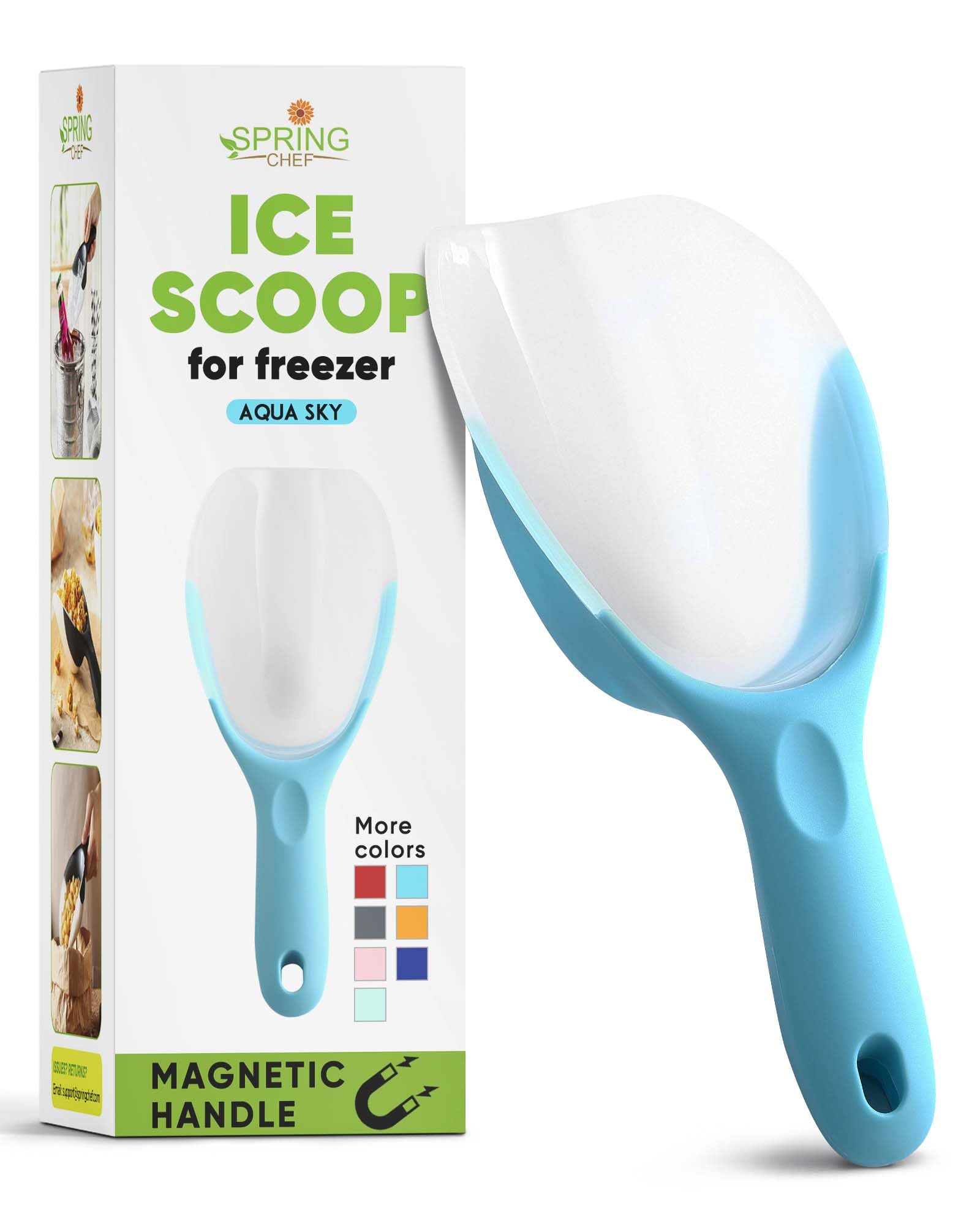 Spring Chef Magnetic Ice Scoop for Freezer, Translucent BPA-Free Flexi-Plastic Ice Scooper with Soft Grip Handle, Kitchen Food Scoop for Popcorn, Pet Food, Flour, Grains - Dishwasher Safe - Aqua Sky