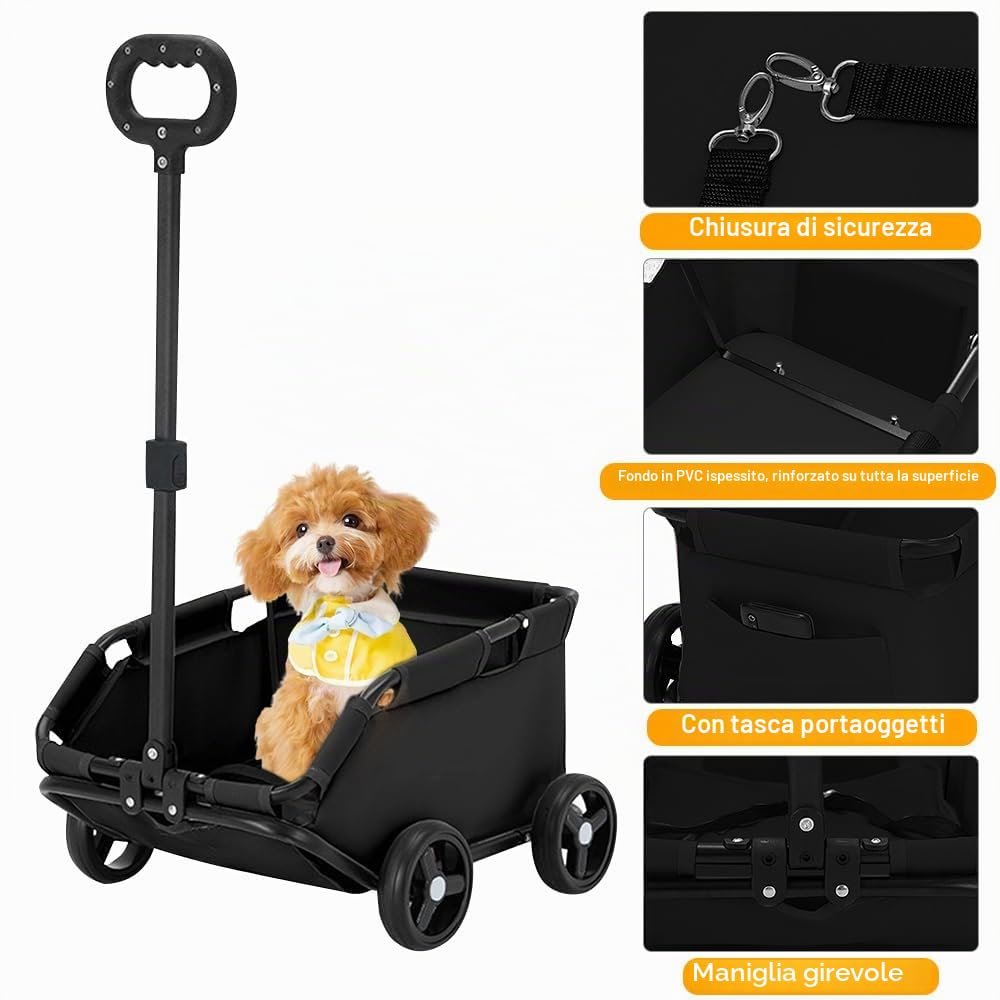 Carrello pieghevole per cani e gatti, carrello a mano leggero sicuro, grande capacità traspirante, ideale per passeggiate, uscite e viaggi all'aperto (nero)