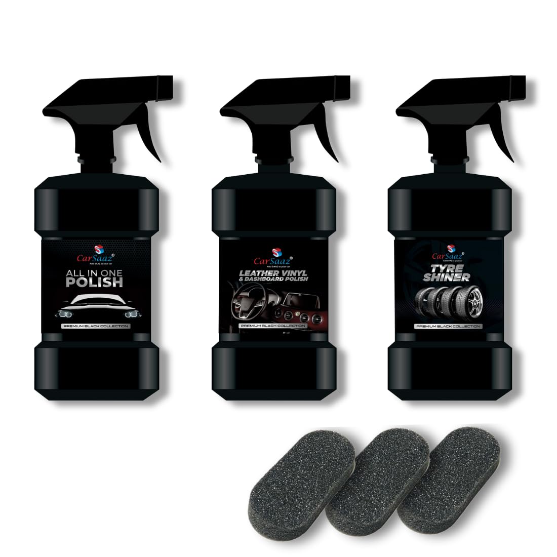 CAR SAAZ Car & Bike Polish Combo | Includes All in one Polish, Dashboard Polish, Tyre Shiner (200ML Each) + 3 Applicator Pads | Shine & Protect