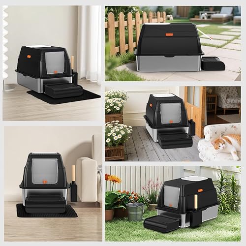 SZEETECH Stainless Steel XL Cat Litter Tray with Lid, Stainless Steel Cat Litter Box, Closed Cat Litter Box, Two Outputs, Shovel + Mat + Pedal Step - 60 x 40 x 39.5 cm (Black) - 8