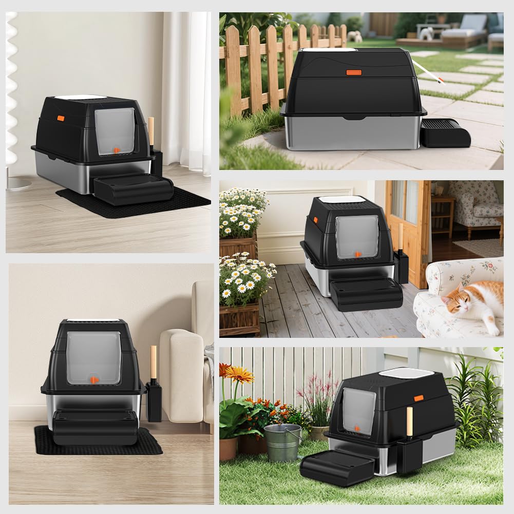 Bac Litiere pour Chat XL, Litière en Acier Inoxydable avec Couvercle, Bac Litiere pour Chat, Cat Litter Box, Pelle+Tapis+Marchepied- 60x40x39,5 cm (Noir)