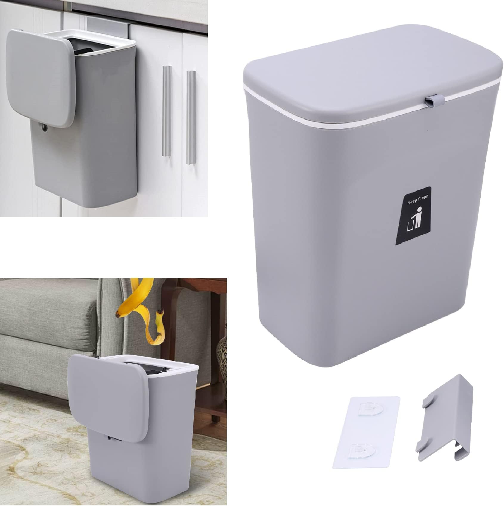 Kisbeibi Hanging Trash Can Wall Mounted Waste Bin with Sliding Lid Recycling Compost Bucket Durable Kitchen Storage Cabinet Garbage Can for Bedroom Bathroom Baby Crib Office Toilet(10L,Grey)