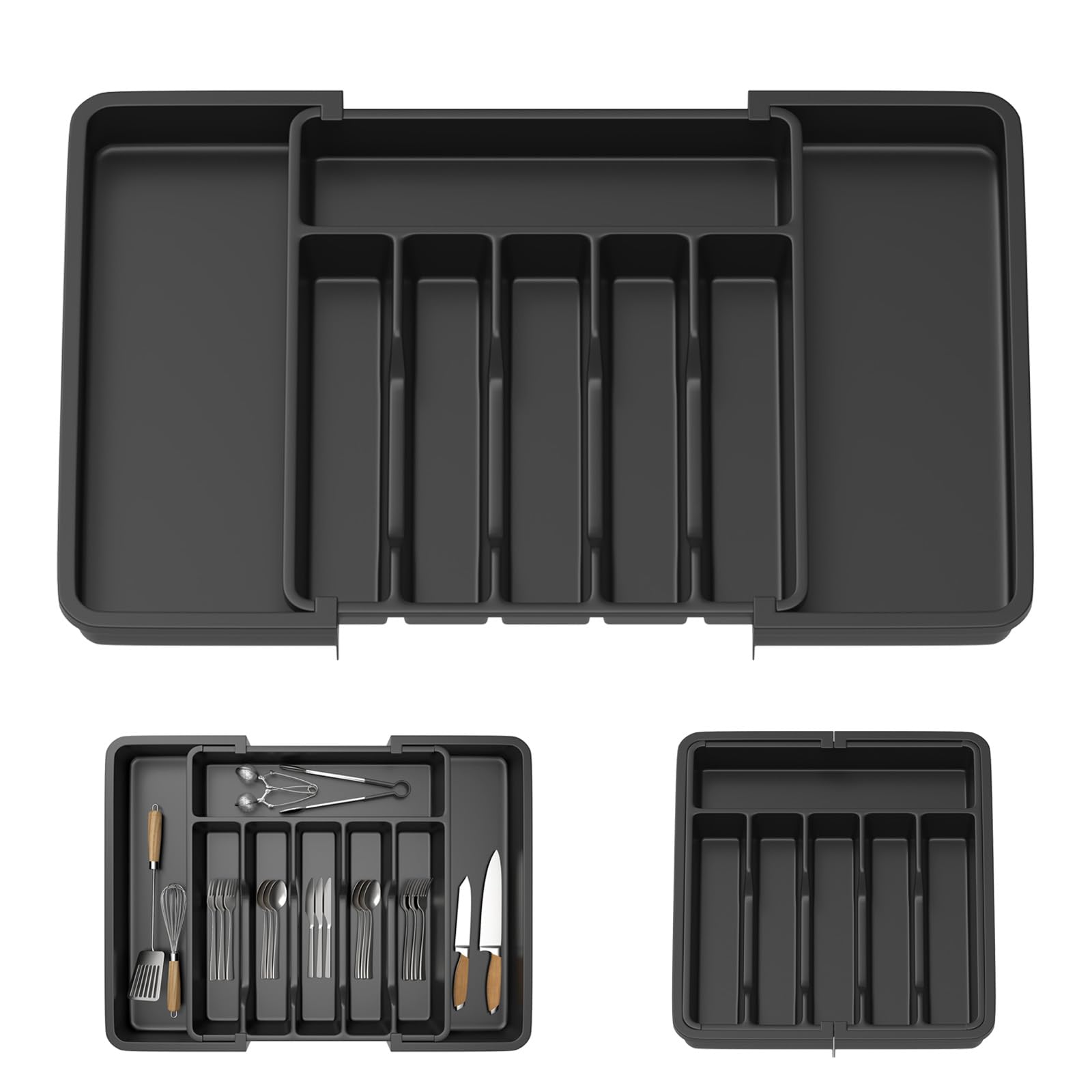 Cutlery Tray Plastic Drawer Organiser Expandable from 33 x 38cm to 57 x 38cm, 5cm Depth, Waterproof Utensil and Silverware Holder 6 to 8 Separate Slots for Kitchen, Bedroom, Office