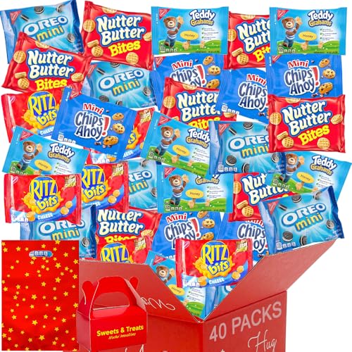 Classic Snacks Variety Pack | Oreos Chocolate Sandwich Cookies, Ritzs Bits Cheese Crackers, Teddy Honey Graham, Chip Ahoy Nutter Butter Bites Peanut Butter | Lunch Party Travel Gift | Muchai Box (40 Individual Packages)