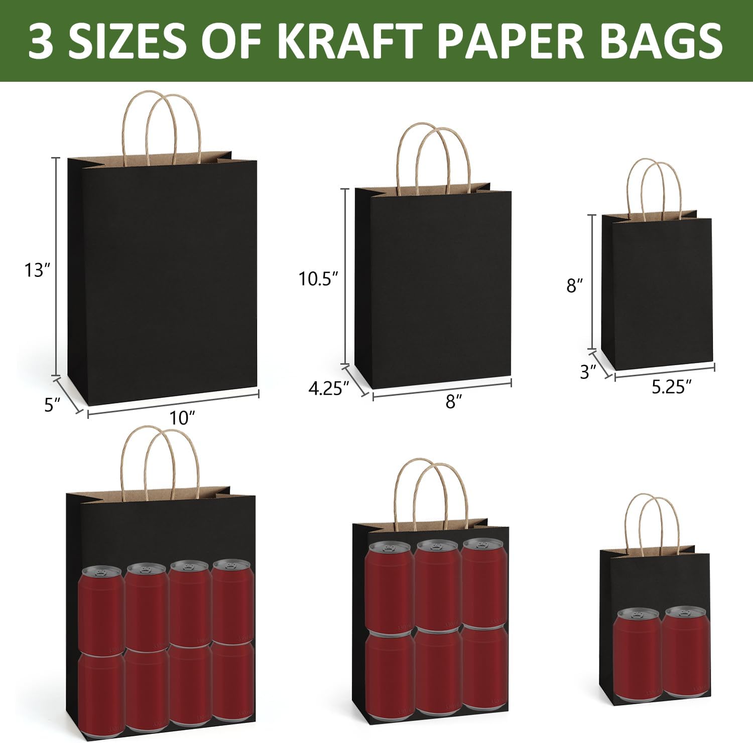 BagDream 75Pcs Kraft Paper Bags 5x3x8& 8x4.25x10& 10x5x13 Black Gift Bags with Handles Bulk for Craft, Retail, Merchandise, 100% Recycled Undecorated Paper Sacks