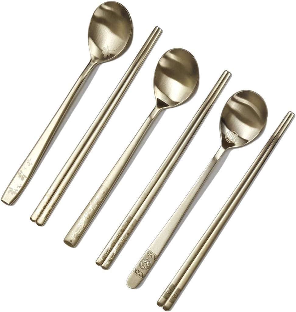 [5 Sets] [Made in Korea] Korean Sticky Rice Spoon Chopsticks Set Gold Titanium Plating 304 Stainless Steel Tableware Cutlery Set Mukbang Chopsticks (Korean Palace Pattern TITANIUM, 5 Sets)