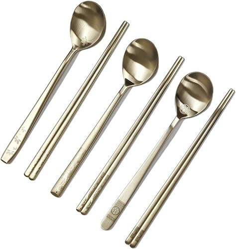 Miniatura 6 de Juego de palillos de arroz pegajosos coreanos, chapado en titanio dorado, juego de cubiertos de acero inoxidable 304, palillos Mukbang (Cosmos