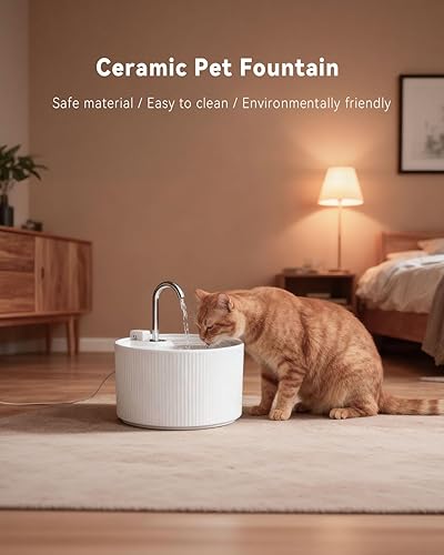 Miniatura 2 de Fuente de agua de cerámica para gatos, fuentes para gatos de 2.2 L74 onzas para beber en interiores, fuente de agua para mascotas con bomba ultra