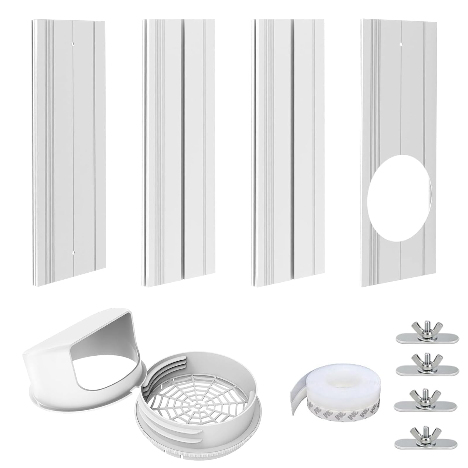Kit de Fenêtre Climatiseur Mobile, Kit Calfeutrage Baie Vitrée 4 Pièces, Joint de Fenêtre Réglable avec Adaptateur Universel Ø13/15cm, Plaque d'Évacuation pour Fenêtre Coulissante et Velux