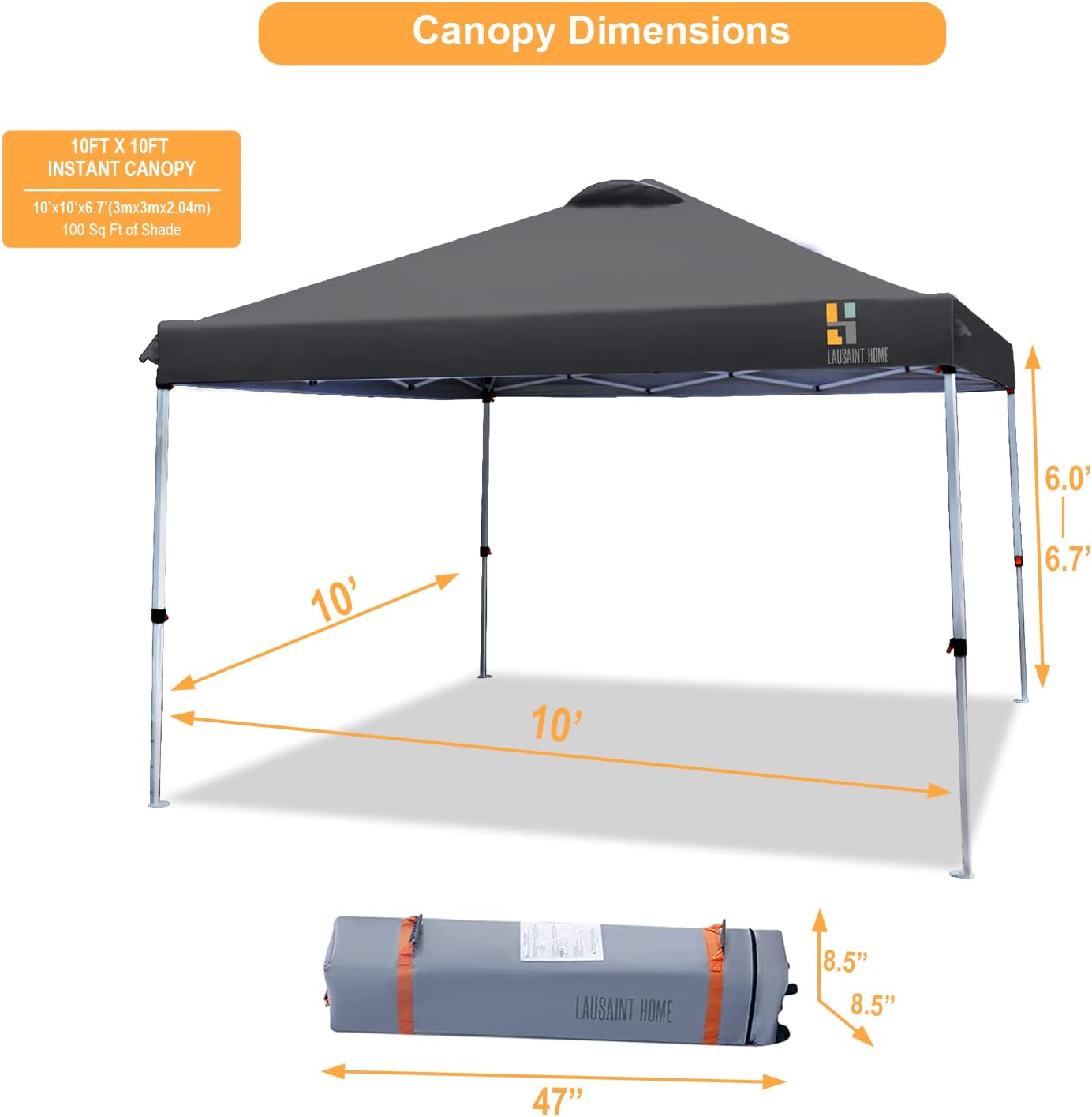 LAUSAINT HOME Pop Up Canopy, Easy Setup Canopy Tents, Portable Folding Instant Canopy Tent with Roller Bag, 4 Sand Bags,Ez Up Outdoor Canopies (10FTx10FT, Grey)