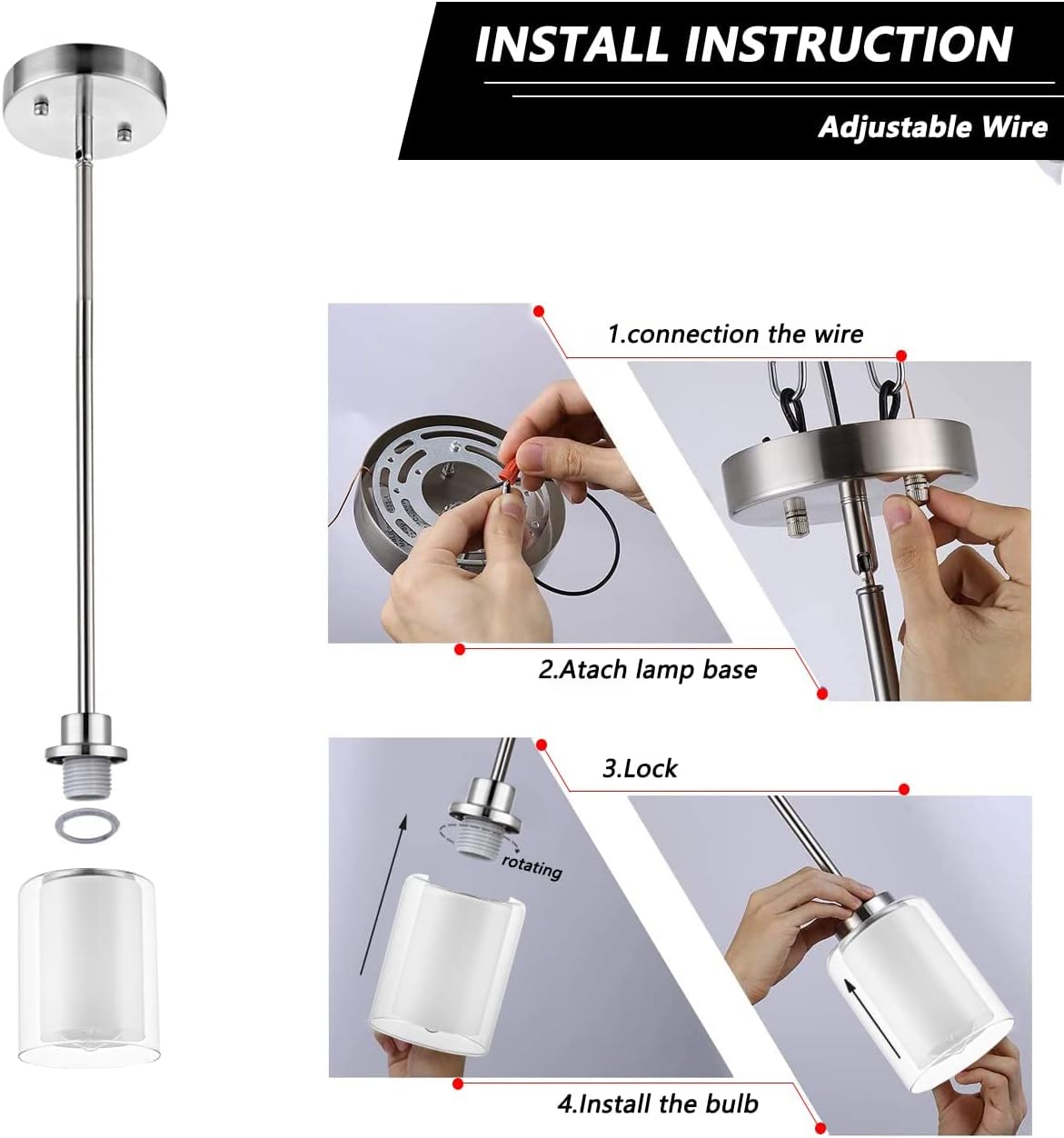 1-Light Mini Pendant Light Fixtures, 2-Pack Modern Hanging Ceiling Light, Adjustable Height, Brushed Nickel Pendant Lighting with Dual Glass for Kitchen Hallway