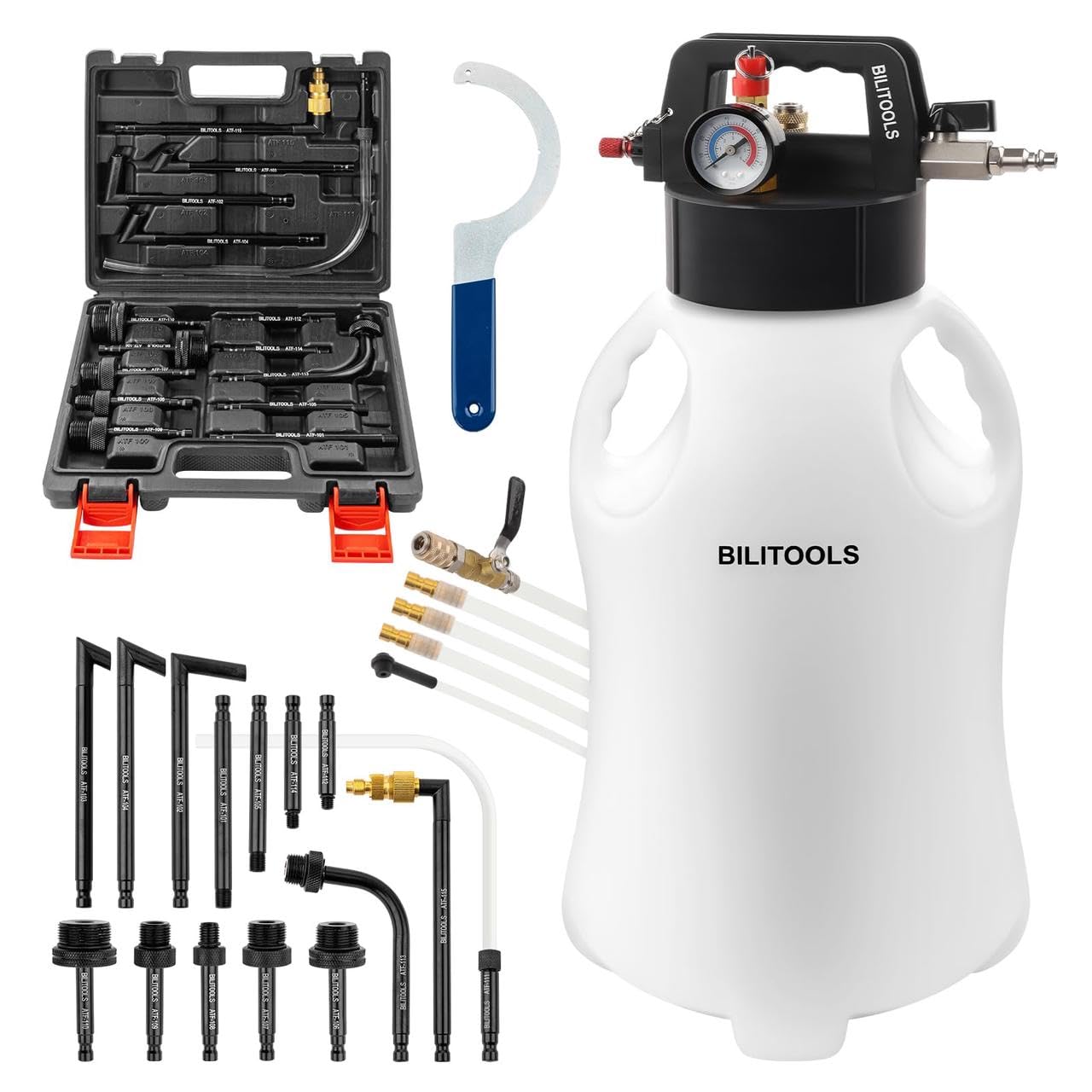 BILITOOLS Pompe Pneumatique 8L, Outil Vidange Boîte Auto | Remplissage Boîte Auto avec 15 Adaptateurs pour Vidange & Remplissage Automatique