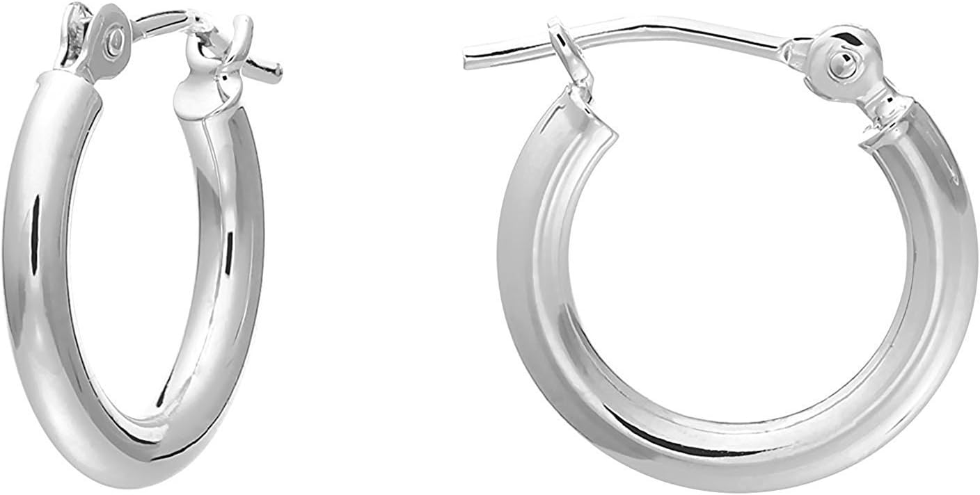 14k White Gold Plain Hoop Earrings, Polished Round Hoop 2mm Thick White