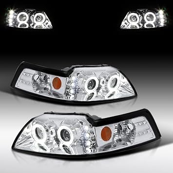 Autozensation Compatible with 1999-2004 Ford Mustang, Left + Right Pair Headlamps Assembly, Chrome Dual Halo Projector Headlights