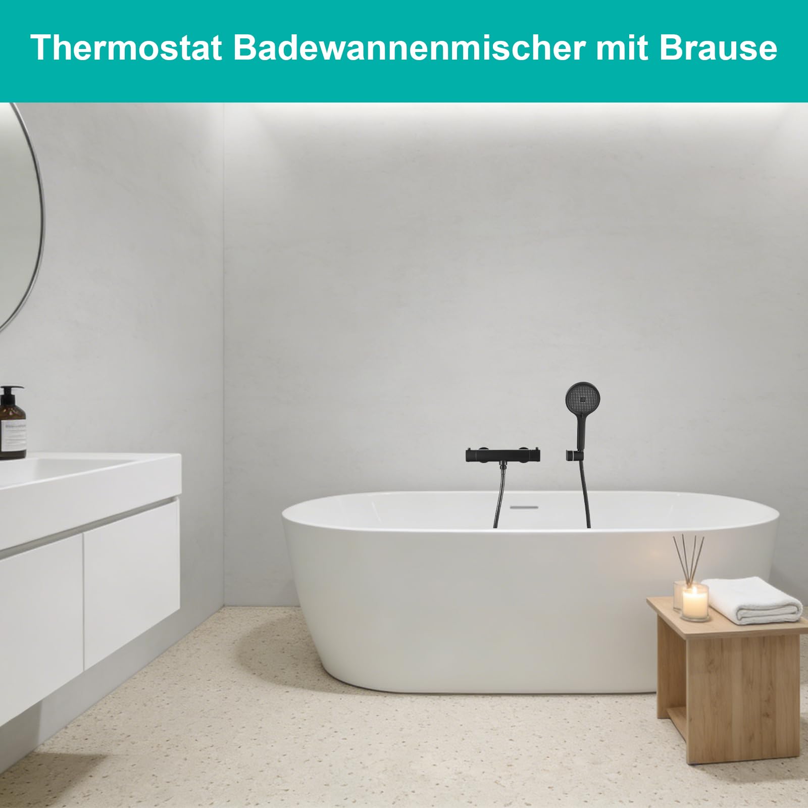 Duscharmatur mit Thermostat Schwarz Duschsystem Komplettset | Aufputz Mischbatterie Dusche Komplett 38°C Anti Verbrennung, Regendusche für Badezimmer, Badewanne & Wohnmobil