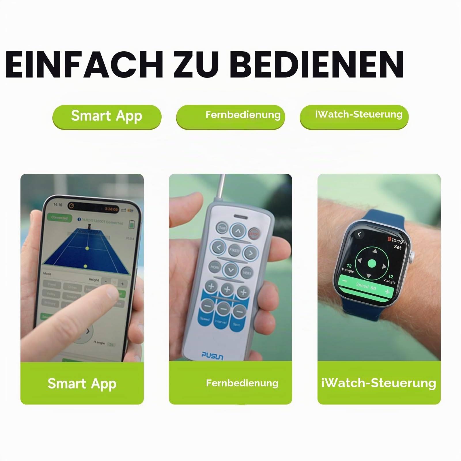 PUSUN Tennis Ball Machine, Padel Tennis Ball Launcher mit 115+Ball Kapazität, Dreifach-Steuerung über App/Remote/iWatch, AI Drill/Programmierung/Zufall, 4-6Stunden Batterie Lebensdauer, Protable