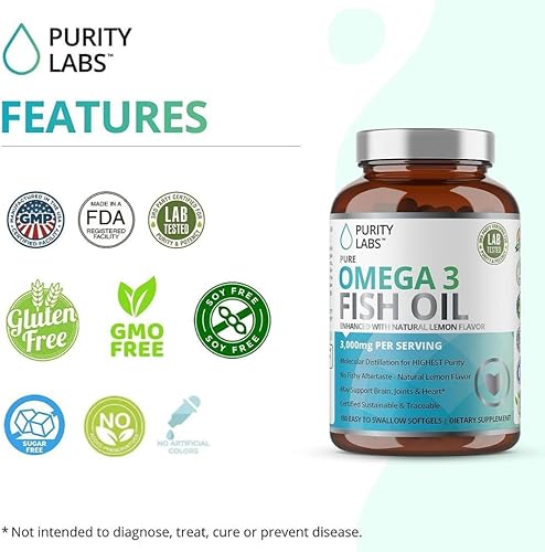 Miniatura 4 de Purity Labs Aceite de pescado Omega 3 3000 mg - Suplementos veganos para la salud del corazón y el cerebro - Suplemento de apoyo inmunológico - 180