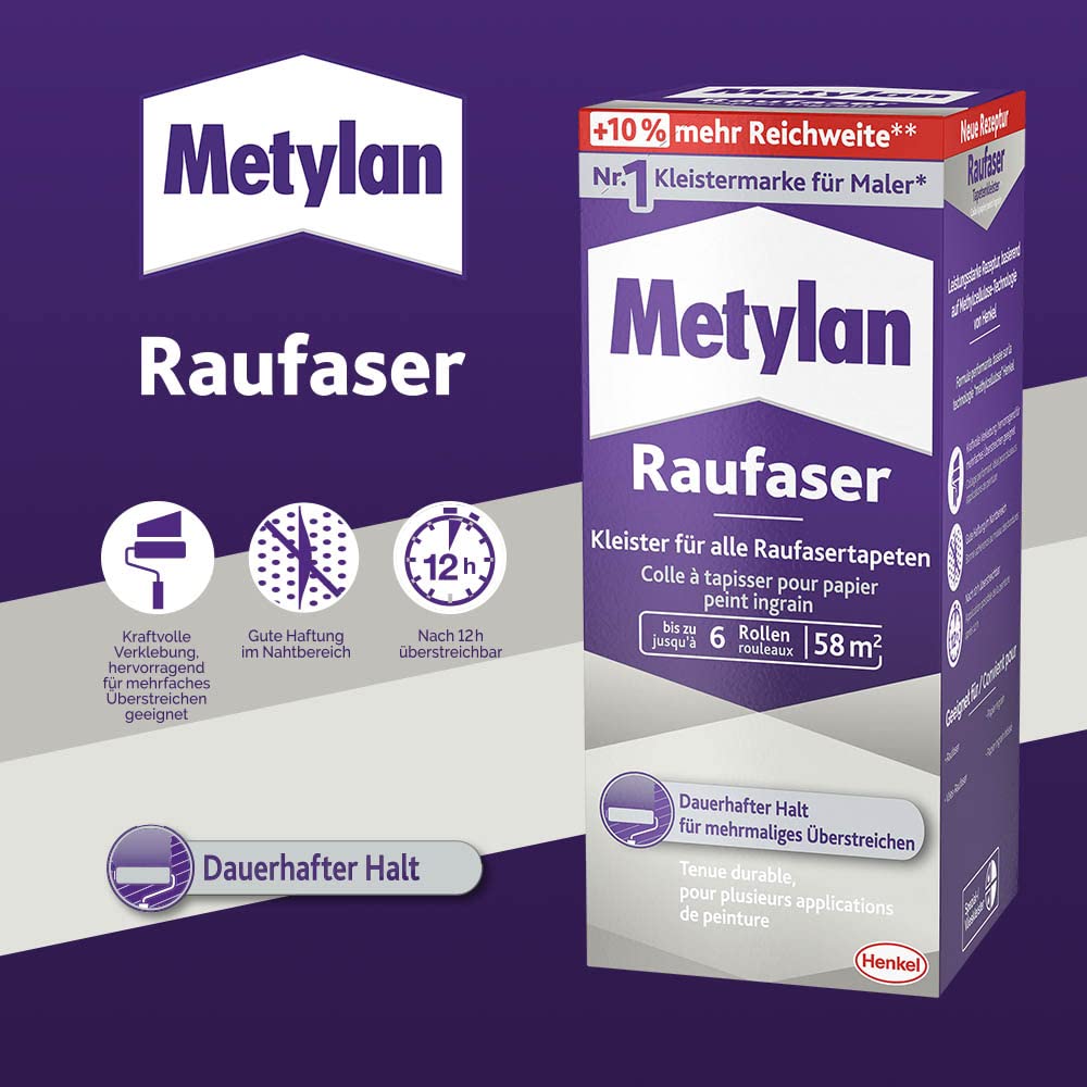 Metylan Raufaser, starker Tapetenkleister für Raufasertapete mit hoher Anfangsklebkraft, langlebiger & korrigierbarer Kleister mit Methylcellulose, 15x360g