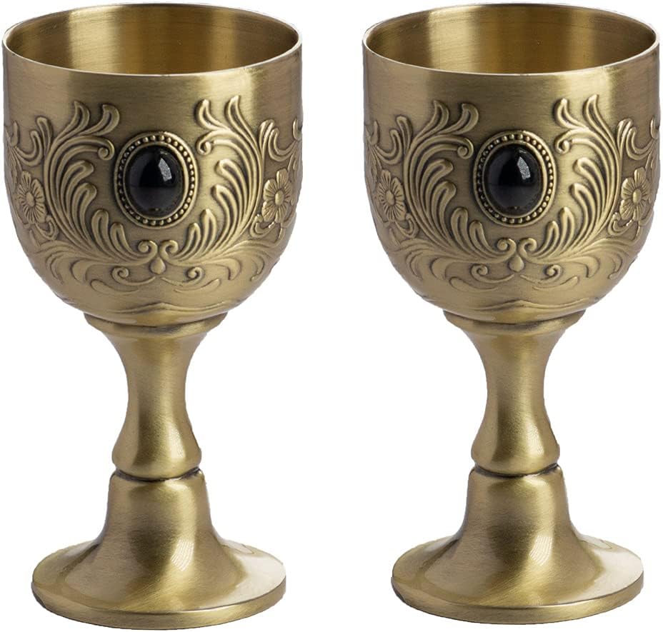 Chalice Goblet, Hand-Made Vintage Pure Copper Engraving Flower Pattern Metal Embossed Wine Copper Gemstone Cups Medieval Gothic Goblet 1.7oz 2-Pack