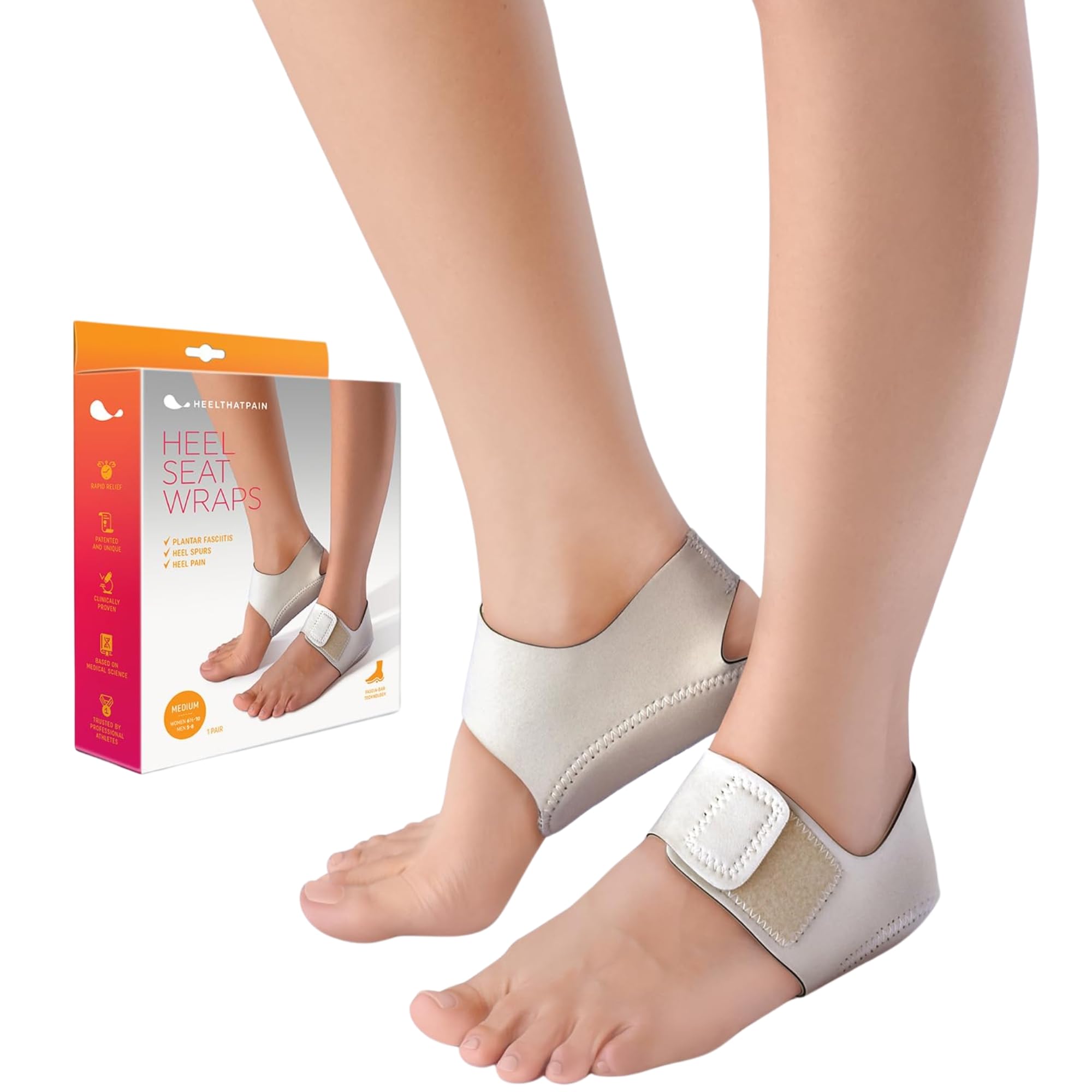 Heel That Pain® Plantar Fasciitis Heel Seat® Wraps for Heel Pain and Heel Spurs - Patented Fascia-Bar Foot Support - Medium (Women's 6.5-10, Men's 5-8)
