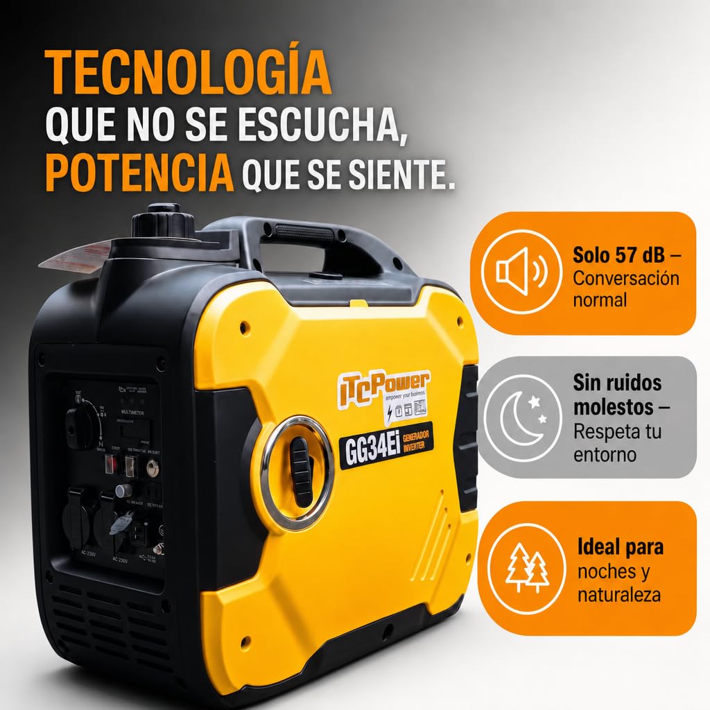 ITCPower Generador Inverter Gasolina GG34EI – Potencia 3400W Máx / 3200W Nominal – Arranque Manual y Eléctrico – 2 Tomas 16A – Bajo Ruido 64dBA – Portátil 27kg