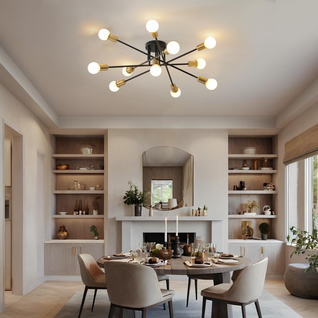 Modern Sputnik Gold and Black Semi Flush Mount Ceiling Light Fixture Minimalist,Mid Century Large 11 Light Metal Chandelier for Living Room Dining Room Bedroom Kitchen Office Entryway