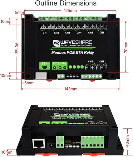 Miniatura 7 de waveshare Módulo de relé Ethernet 8-CH, protocolo Modbus RTUModbus TCP, comunicación de puerto PoE, con varios circuitos de aislamiento y protección
