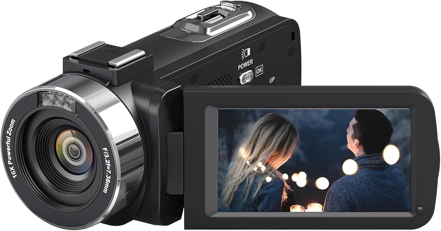 DINGETU 4K Video Camera Camcorder with its screen open, showing a scene with two people.