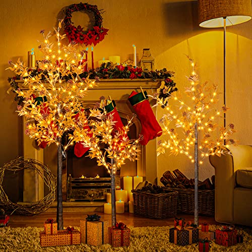 Lamerge Lighted Christmas Tree With Red Berries, 4Ft+5Ft+6Ft Artificial Trees, Pack Of 3, 80+120+160 Led Lights, Led Christmas Tree, Decoration For Indoor Thanksgiving, Brown (Christmas Tree005) #TOP1