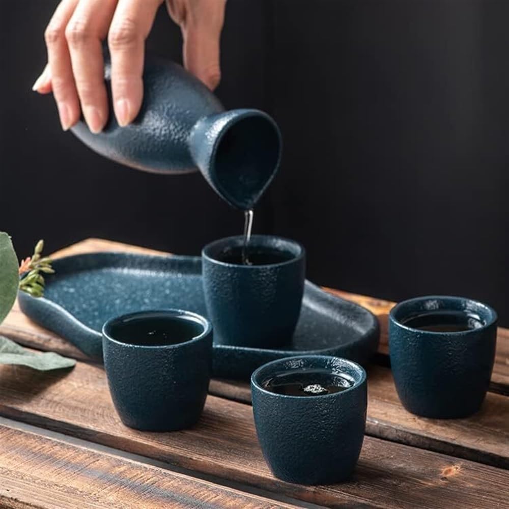 Vintage Sake Set,Japanese Traditional Ceramic Sake Serving Sets 6Pieces, Pottery Sake Bottle and 4 Cups,1Tray,Ideal for Sake (B)