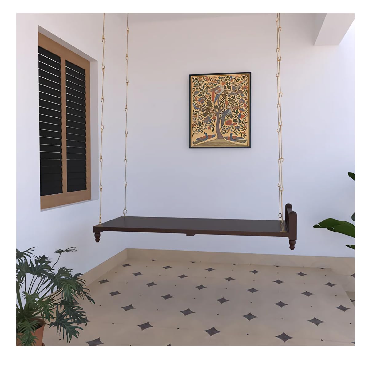 Jairi Traders Plank Wooden Swing Indoor Outdoor Teak Wood One Side Handmade Support(4x2 Feet) Carving Pillar Work with Brass Coated Accessories Dark Brown-image-28