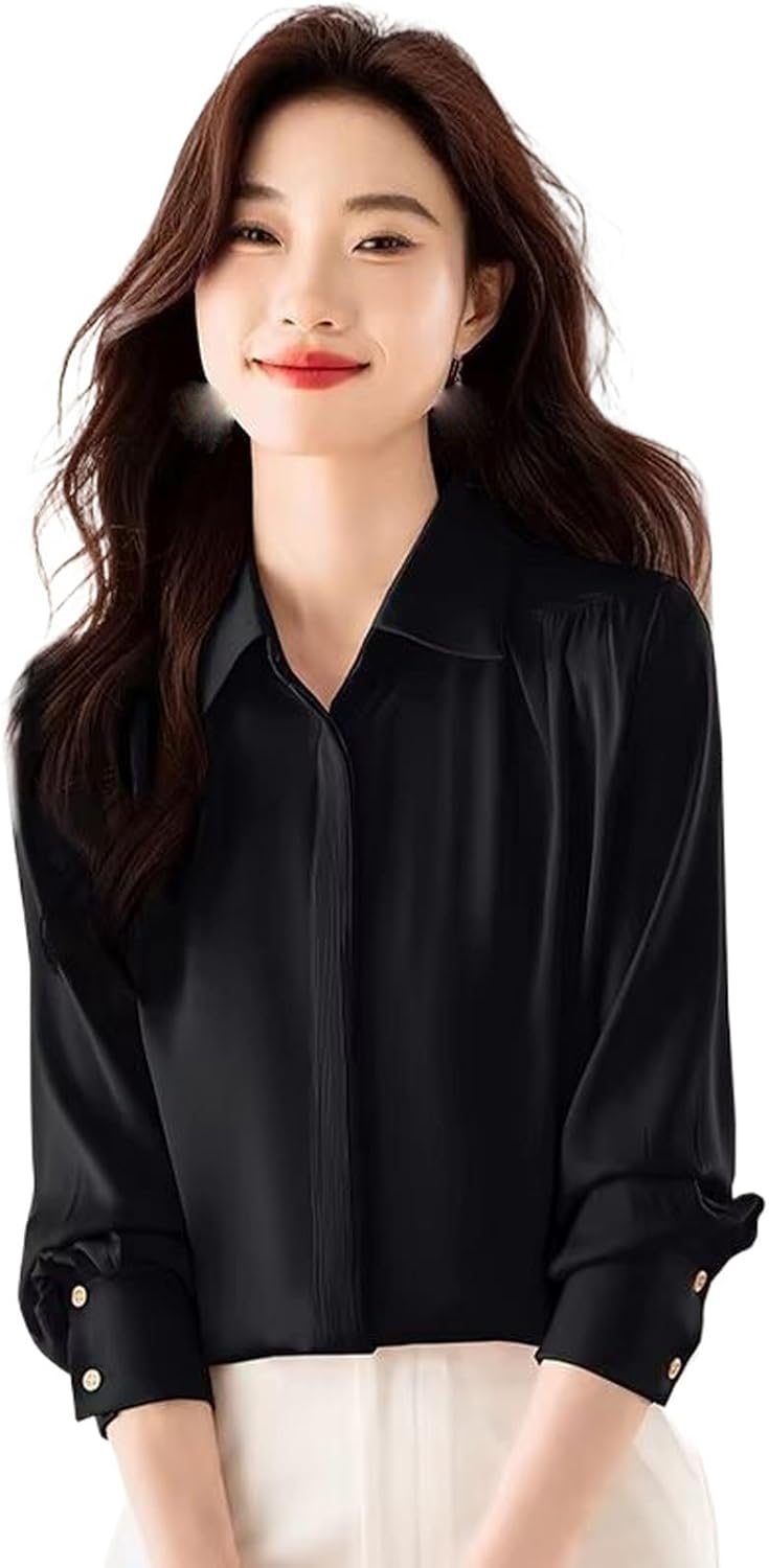 Women's Spring Summer Elegant Solid Long Sleeve Shirt Loose Casual Satin Blouse Top