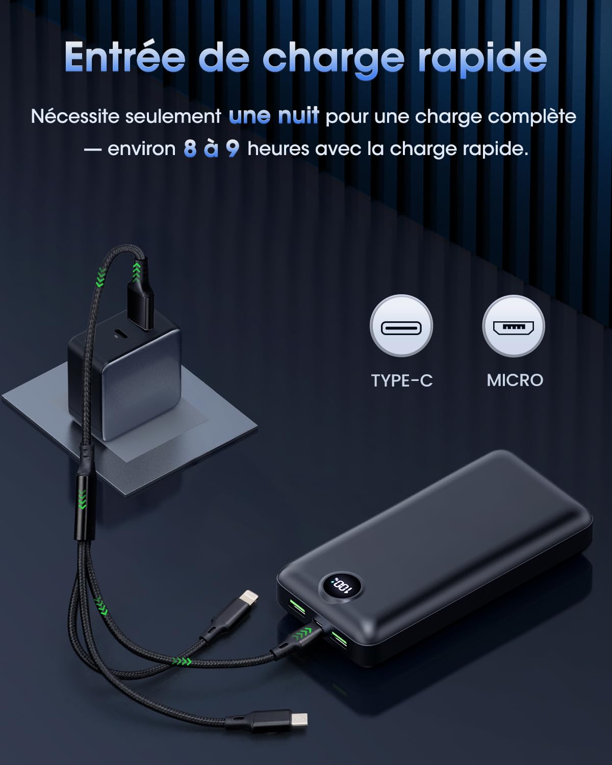 Batterie Externe 50000mAh Charge Rapide,Câble 3 en 1 Power Bank Grande Capacité 22,5W, USB-C avec 3 Sorties 2 Entrées Écran LED Chargeur Portable, Compatible avec Smartphone Android,Tablet Noir
