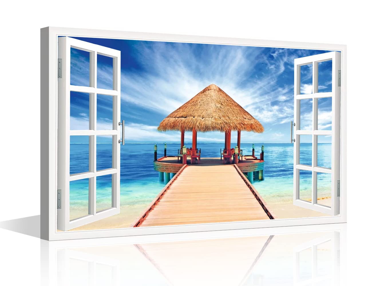 TISHIRON 3D Window Effect Maldives Resort Pavilion Landscape View Canvas Wall Art Prints Artwork for Living Room Bedroom Office Wall Decoration Scenery Framed Ready to Hang 36x24inch