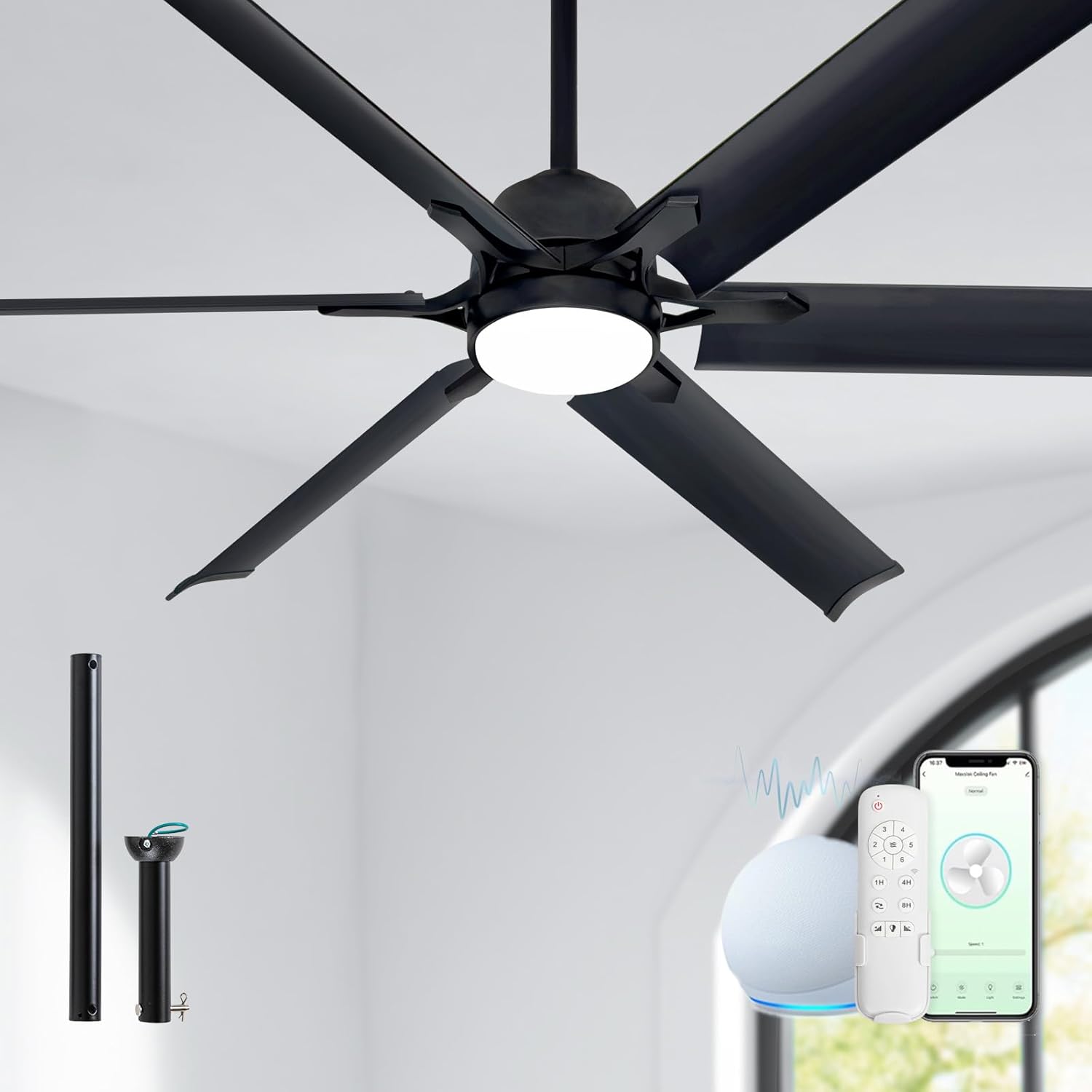 60 Inch Outdoor Ceiling Fans with Lights and Black Aluminum Blades,Smart Ceiling Fan with Alexa APP Remote Control,6 Speed,Dimmable,Slient DC Motor Large Indoor fan for Living Room,Bedroom