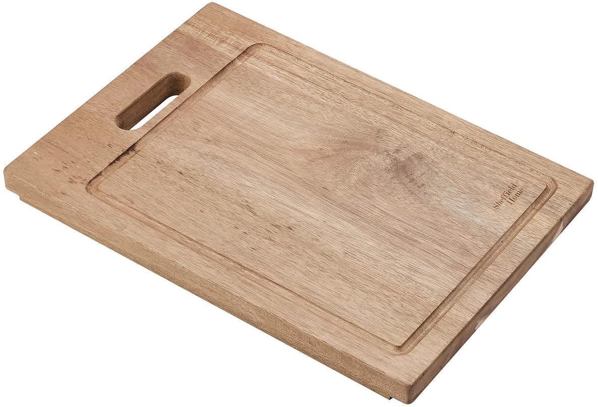 A wooden cutting board with a handle cutout.
