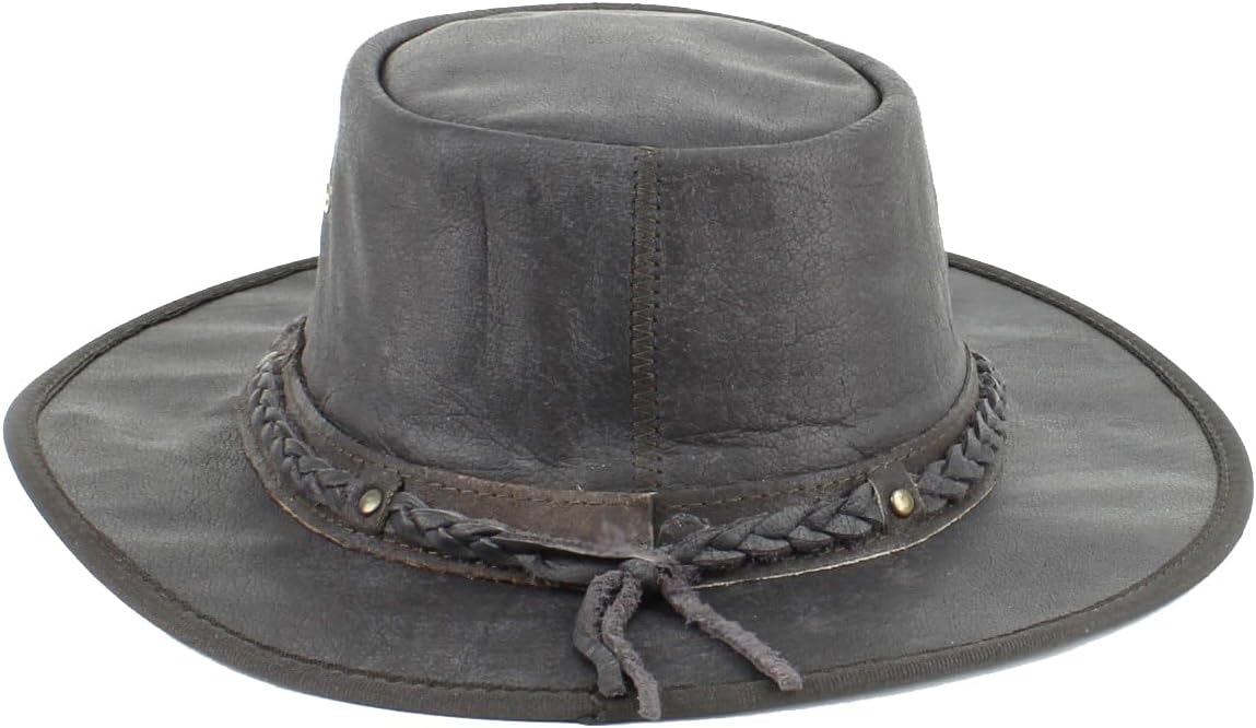 American Bison Crushable Cowboy Hat – Flat Brim Cowhide Leather Hat with Braided Band & Chin Strap