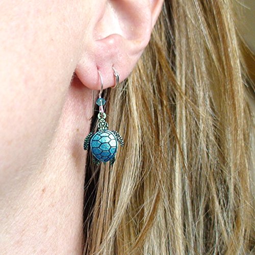 Sea Turtle Dangle Earrings - Green with Blue Shell - 925 Sterling Silver Ear Wires2