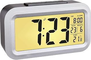 TFA Dostmann Lumio Digitaler Funk Wecker, 60.2553.01, mit Funkuhr, Temperaturanzeige, automatische Hintergrundbeleuchtung, Datumsanzeige, Schlummerfunktion, großes Display, 13,8cm lang, schwarz-silber