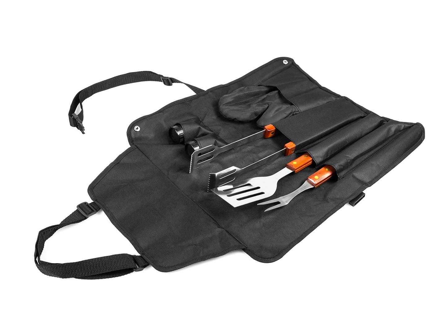 Set Barbecue Professionnel 7 Ustensiles Acier Inoxydable Kit Accessoires Grille Gant Matelassé Noir